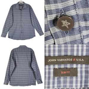 John Varvatos Shirt Long Sleeve Button Down Blue Plaid Men's Size 16.5 Large L